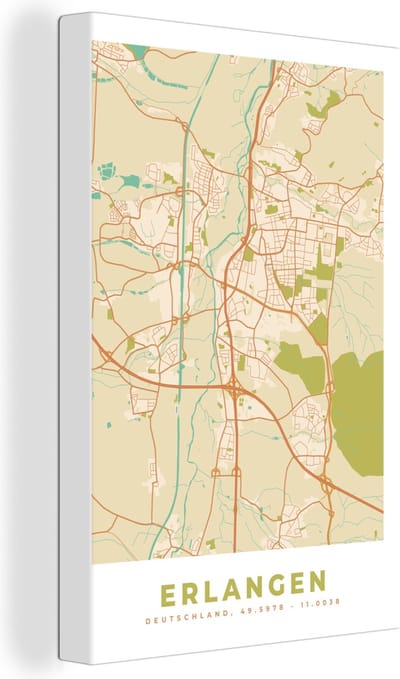 Canvas Schilderij Erlangen - Vintage - Stadskaart - Kaart - Plattegrond - 20x30 cm - Wanddecoratie