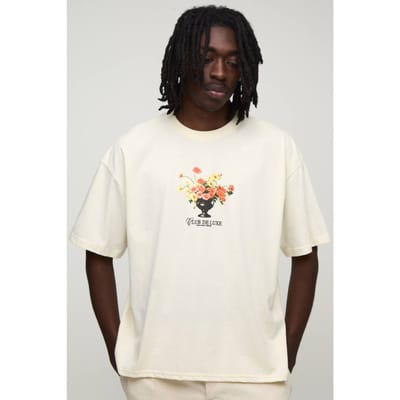 Ecru Oversized Boxy T-shirt Met Micro Bloemenprint | Size XS