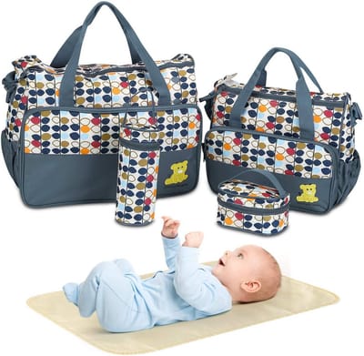 5-delige Luiertas Set voor Moeder en Baby - Grote Draagtas, Kleinere Tassen en Accessoires (Grijs)