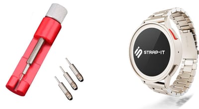 Strap-it Stalen schakel band + Toolkit - Geschikt voor Samsung Galaxy Watch 7 (40 & 44mm) / Galaxy Watch 6 (Classic) / Watch 5/5 Pro / Watch 4 / 4 Classic / Watch FE - Metalen RVS band voor Galaxy Watch 4-5-6 alle varianten - Sterrenlicht