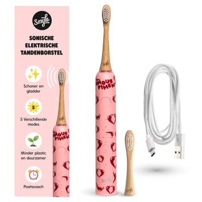 Smyle Sonische Elektrische Tandenborstel met USB-C Oplader, 2 Opzetborstels, Lange Batterijduur en Druksensor - Duurzaam en Effectief Poetsen - Love Machine