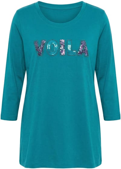 MIAMODA - Dames - T-shirt A-lijn VOILA-applicatie 3/4-mouwen - Groenblauw - Maat 42