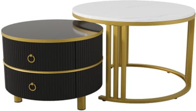 2-in-1 Ronde MDF Salontafel Bijzettafel Met Glanzend Blad En 1 Witte Marmeren Tafelblad Woonkamer Salontafelcombinatie Met 2 Laden 70x70x46 + 50x50x40cm