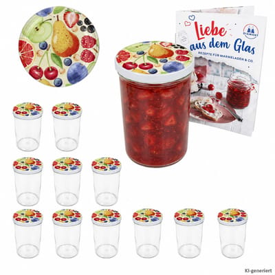 MamboCat 12-delige set weckpotten 435 ml met TO 82 schroefdeksel Comic-fruit I Inmaakglazen + Diamant-suiker receptenboekje I Voorraadpotten inmaken & conserveren
