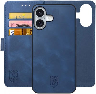 Rosso Element Geschikt voor Apple iPhone 16 | Uitneembaar 2-in-1 Hoesje | Luxe Portemonnee | Back Cover en Book Case | Pasjeshouder | Blauw