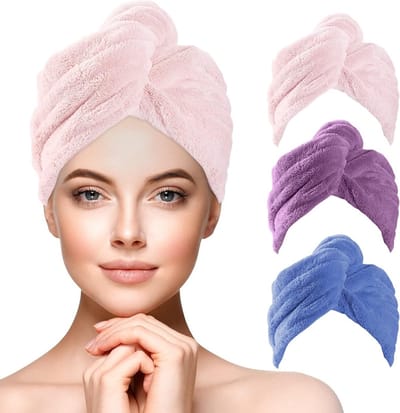 Zachte Microfiber Haardrogende Handdoeken, 3-Pack Haar Turban met Knopen, Super Absorberend en Antikrul Hoofddoek voor Snelle Droogtijd