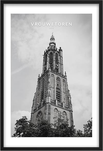 Poster Onze Lieve Vrouwetoren Amersfoort - A3 - 30 x 40 cm - Inclusief lijst (Zwart MDF)