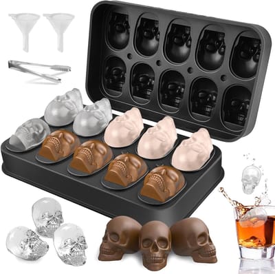 Skull Vorm 3D IJsblokjes Mal van Silicoon voor Whisky, Cocktails en Likeuren met IJslepels en Trechter - 18.3 x 11 x 4.3 cm