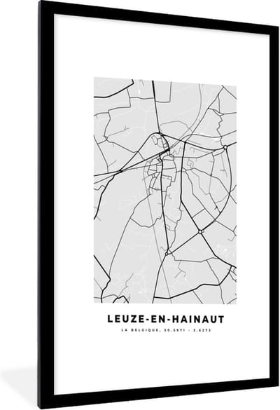 Fotolijst incl. Poster Zwart Wit- Plattegrond – Leuze en Hainaut – Zwart Wit – Stadskaart - Kaart - 60x90 cm - Posterlijst