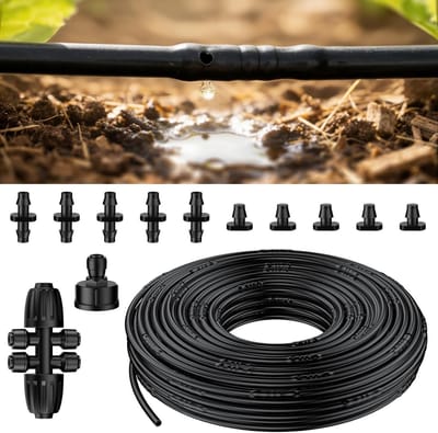 30 m druppelirrigatie slang 6 mm PE druppelslang met 15 cm afstand inclusief 12 accessoires Zwarte water slang voor druppelirrigatiesysteem en tuinbewatering