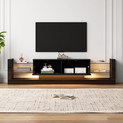 MODFU Luxe Zwevend TV-Meubel met LED Verlichting (181 cm) - Hoogglans Zwart - TV Kast voor 80 Inch - Modern Design