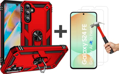 Hoesje Geschikt voor Samsung Galaxy S24 FE hoesje - Hybrid Armor Anti-Shock hoes - Arara Ringhouder TPU backcover met 2 Stuks gehard glas Screenprotectors - Rood