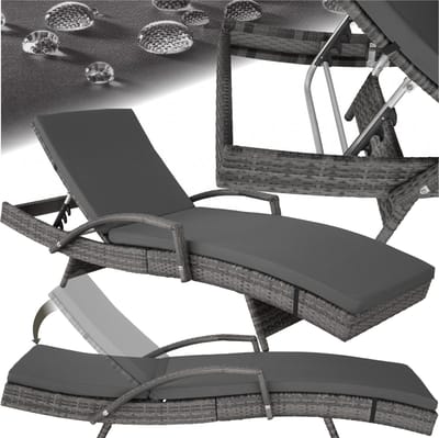 tectake® - Wicker ligstoel ligbed zonnebed - Verstelbare rugleuning (5 standen) - Incl. ligkussen met wasbare hoes - grijs - poly-rattan