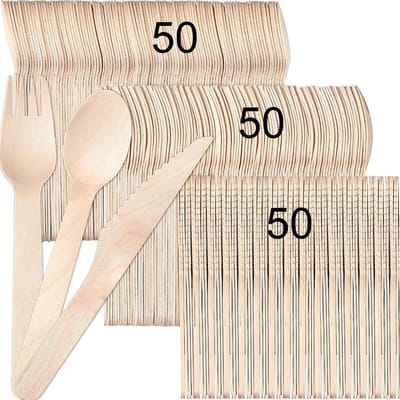 Famanu - 150 stks Houten Bestek Party Picknick, Kantoor & Bruiloft Diepe Lepels Sterke Vorken, Scherpe Messen Bestek Set