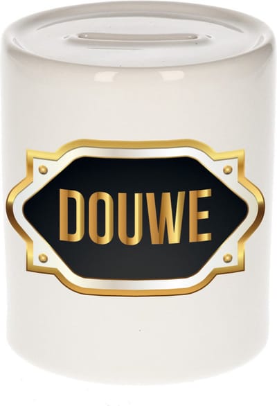 Spaarpot met voornaam Douwe - wit - met goud/zwart embleem - 8 x 9 cm - keramiek - met afsluitdop - cadeau verjaardag