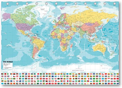 Wereldkaart poster - 50 x 70 cm - luxe papier - vlaggen - mooie en overzichtelijke wereldkaart