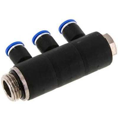 8mm x G1/2'' 3-way Manifold Messing/PA 66 Insteekfitting Buitendraad Draaibaar NBR