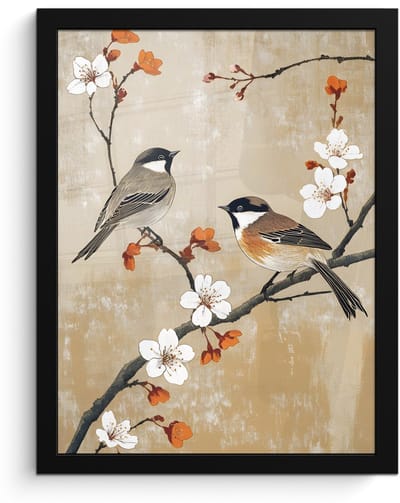 Poster in lijst - Fotolijst 30x40 cm - Posters - Vogels - Bloesemtak - Bloemen - Oranje - Posterlijst zwart - Decoratie - Wanddecoratie woonkamer - Muurdecoratie slaapkamer