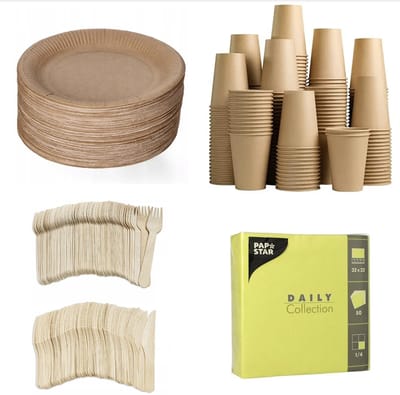 250 stuks x Houten wegwerp bestek set eco/milieubewust – 50 bruine kartonnen borden 23cm + 50 kartonnen bekers 240ml+ 50 Vorken 16cm + 50 messen 16cm+ 50 servetten lime 32x32cm Feest/verjaardag/BBQ picknick