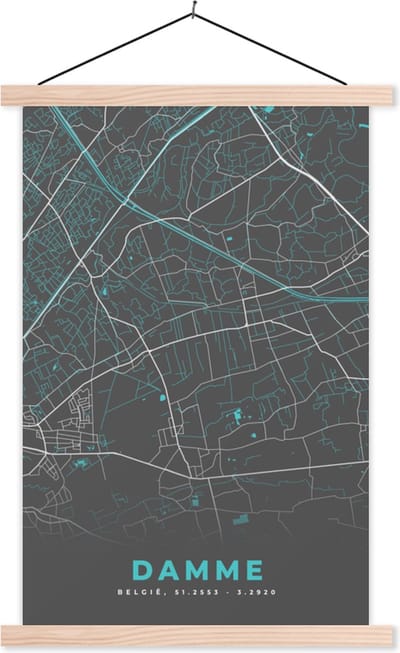 Posterhanger incl. Poster 40x60 cm - Schoolplaat - Kaart – Plattegrond – Stadskaart – Damme – België - Grijs - Textielposter - Blanke latten - Stadskaart