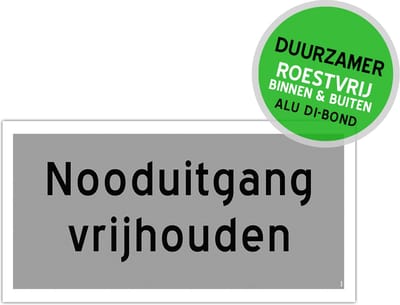 Pictogram/ bordje Dibond | "Nooduitgang vrijhouden" | 20 x 10 cm | Nooddeur | Brandweer | Duurzaam | Calamiteit | 1 stuk
