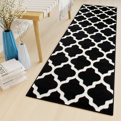 Tapiso Luxury Vloerkleed Antraciet Wit Trellis Woonkamer Loper Maat- 120x100