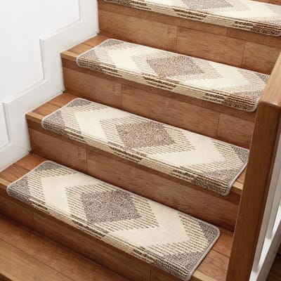 YEERSWAG 15-delige bullnose trapmatten 76×24×4,3 cm – antislip traptapijt met plakstrip voor houten trappen, Khaki + Beige