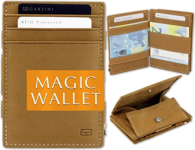 Garzini Portemonnee Heren, Leren Pasjeshouder RFID, Kaarthouder voor 7 Pasjes, Compacte Magic Wallet, Echt Leer Portefeuille met Muntvak, Bruin