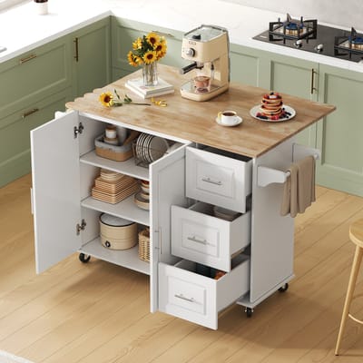 Verplaatsbaar keukeneiland - L137xB76xH92 cm, eikenhouten werkblad, inklapbaar ontwerp, multifunctioneel kastje, 3 lades, handdoekrek, geschikt voor keuken, eetkamer en thuis - Wit