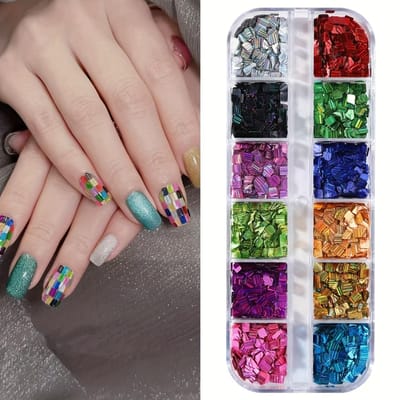 12 Grilles Rectangle Carré Paillettes Laser Éclat Paillettes pour Ongles Assemblage de Grilles Paillettes pour Nail Arts
