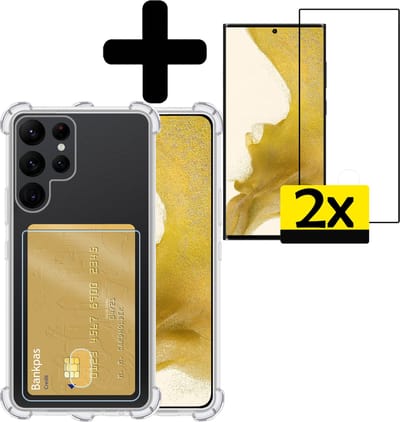 Hoesje - Geschikt voor Samsung Galaxy S22 Ultra - Met 2x Screenprotector - Pashouder - Kaarthouder - Telefoon Hoes Shockproof - Siliconen Case - Back Cover - Shock Proof - Pasjes Houder - Telefoonhoesjes - Transparant