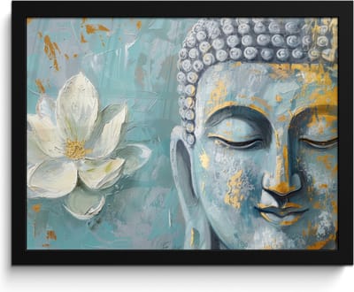 Poster in lijst - Fotolijst 40x30 cm - Posters - Boeddha - Bloem - Lotus - Goud - Blauw - Posterlijst zwart - Decoratie - Wanddecoratie woonkamer - Muurdecoratie slaapkamer