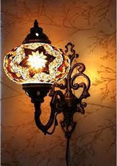 Oosterse Lamp - Wandlamp Mozaïek - Ø 16 cm - Hoogte 28 cm - Geel en Bruin Handgemaakt