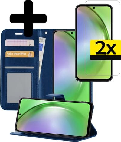 Hoesje - Met 2x Screenprotector - Geschikt voor Samsung Galaxy A54 - Luxe Pasjeshouder - Bookcase Portemonee - Flip Case - Kunstleer Book Case - Flipcase Hoes - Book Cover - Walletcase - Portemonneehoes - Telefoonhoesjes - Donkerblauw