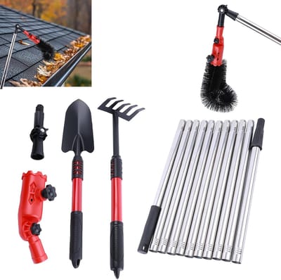 Verlengbare telescoop reinigingsgereedschap voor dakgoten tot 390 cm, 2-in-1 lepel en bladreiniger voor effectieve schoonmaak.