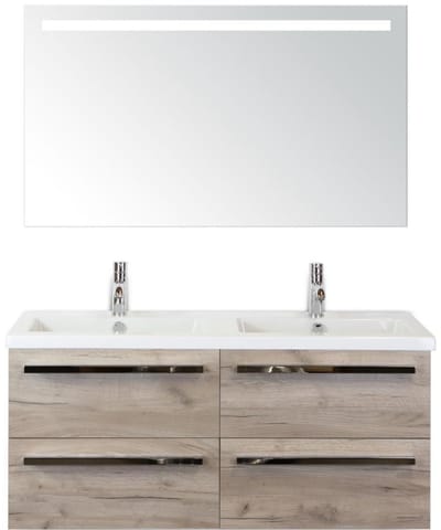 Seville Badmeubelset 120 cm - 4 Laden Craft Oak - Wastafel Djazz Dubbel met Sence Spiegel