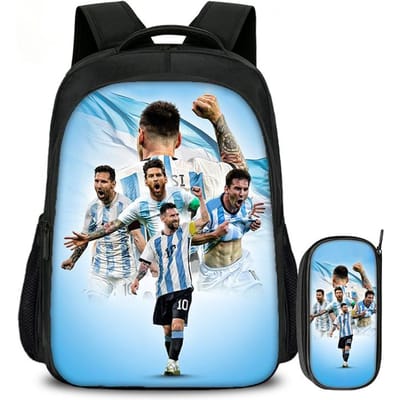 2-delige Set Boekentas Etui Schooltassen M-Messi Kinderen School Dubbellaags Rugzak Voetbalster Voetbal Sport Mochila