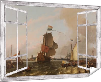 Gards Tuinposter Doorkijk Het Oorlogsschip Brielle op de Maas voor Rotterdam - Ludolf Bakhuysen - 180x120 cm - Tuindoek - Tuindecoratie - Wanddecoratie buiten - Tuinschilderij