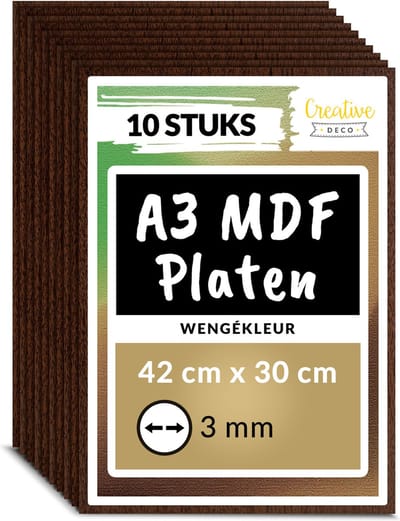 Creative Deco 10 x A3 MDF - Plaat Bruin | 420 x 300 x 3 mm | Perfect voor Lasersnijden, CNC - Frezen, Modelleren, Freeswerk, Figuurzagen