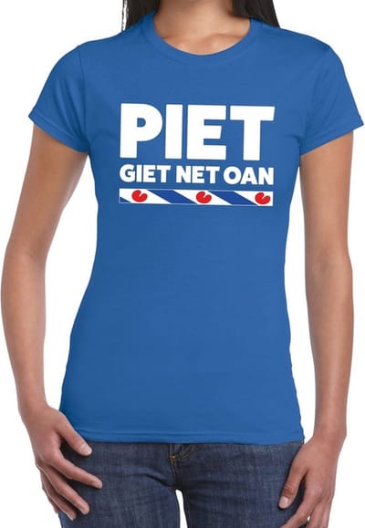 Blauw t-shirt met Friese uitspraak Piet Giet Net Oan dames - Friese weerman tekst shirt XS