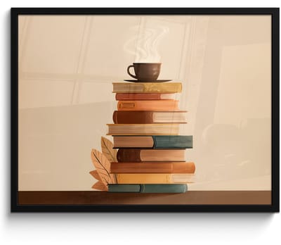 Poster in lijst - Fotolijst 70x50 cm - Posters - Boeken - Toren - Koffie - Beige - Posterlijst zwart - Decoratie - Wanddecoratie woonkamer - Muurdecoratie slaapkamer