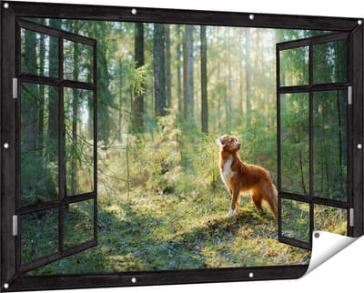 Gards Tuinposter Doorkijk Retriever Hond in het Bos met Zon - 150x100 cm - Tuindoek - Tuindecoratie - Wanddecoratie buiten - Tuinschilderij