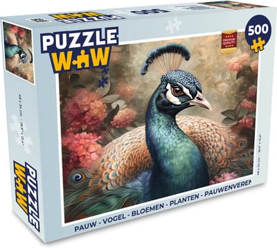 Puzzel Pauw - Vogel - Bloemen - Planten - Pauwenveren - Legpuzzel - Puzzel 500 stukjes