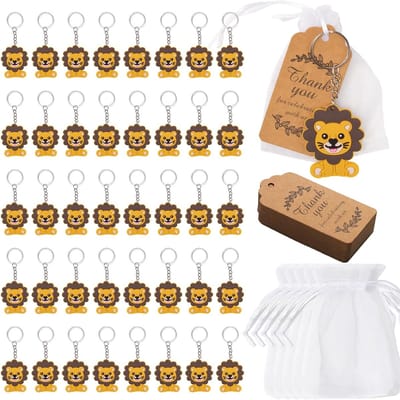 30 stuks gastgeschenken sleutelhangers leeuw sleutelhanger met witte organza zakjes en kraftpapier leeuw hanger voor baby shower, jungle party kinderen verjaardag cadeau