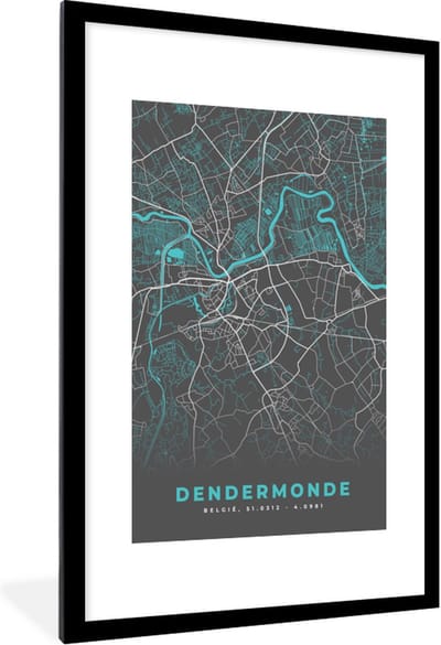 Fotolijst incl. Poster - Stadskaart – Grijs - Kaart – Dendermonde – België – Plattegrond - 80x120 cm - Posterlijst