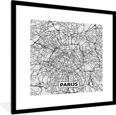 Fotolijst incl. Poster Zwart Wit- Parijs - Stadskaart - Zwart Wit - Plattegrond - Kaart - 40x40 cm - Posterlijst