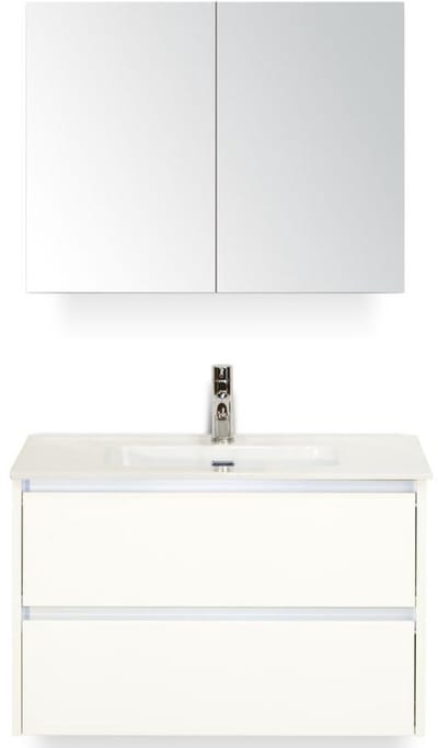 Dante Badmeubelset 80 cm - Wit Hoogglans - Keramische Wastafel Wit Cover met Spiegelkast