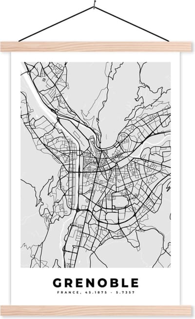 Posterhanger incl. Poster 40x60 cm - Schoolplaat - Frankrijk - Plattegrond - Kaart - Grenoble - Stadskaart - Textielposter - Blanke latten - Stadskaart