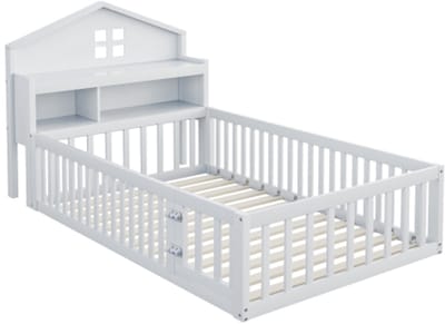 Kinderbed 90 x 200 cm, huishekje, met planken en opbergruimte, met veiligheidshekje en deurtje, lattenbodem, wit