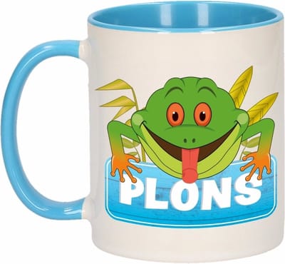 Plons mok - blauw/wit - keramiek - 300 ml - kinder beker kikker
